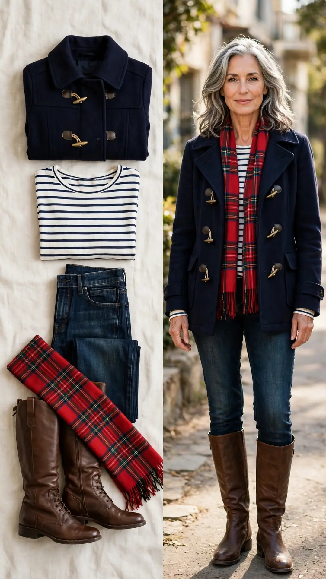 Navy wool peacoat with Breton stripe top, dark jeans, brown tall boots and red plaid scarf