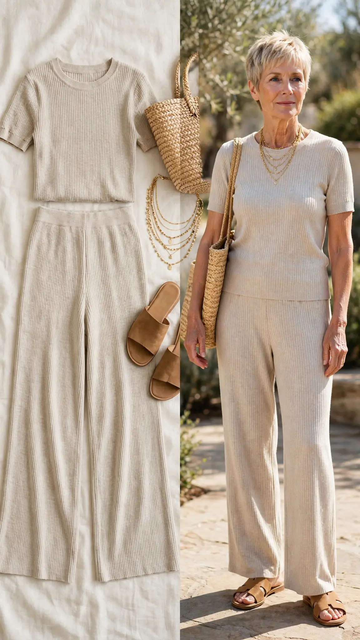 Split outfit idea: The Ribbed Knit Travel Set flat lay, and a mature woman over 50 wearing it