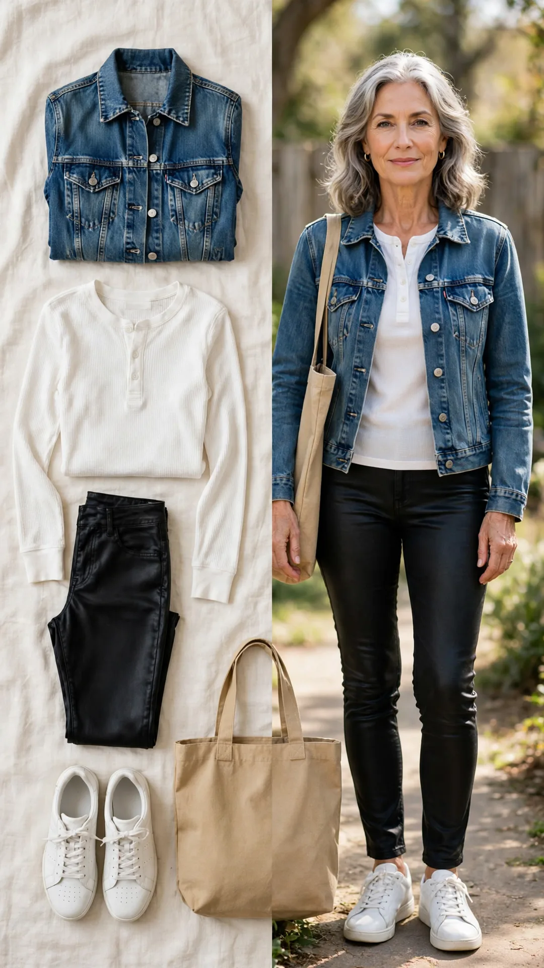 Split outfit idea: classic denim trucker jacket, white thermal henley, black coated skinny jeans and white leather sneakers, and a mature woman wearing it with a tan canvas tote.