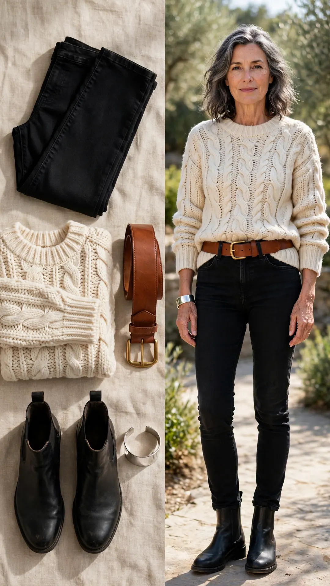 Split outfit idea: black skinny jeans, cream knit sweater, wide cognac belt and Chelsea boots flat lay, and a mature woman wearing them with the belt cinched
