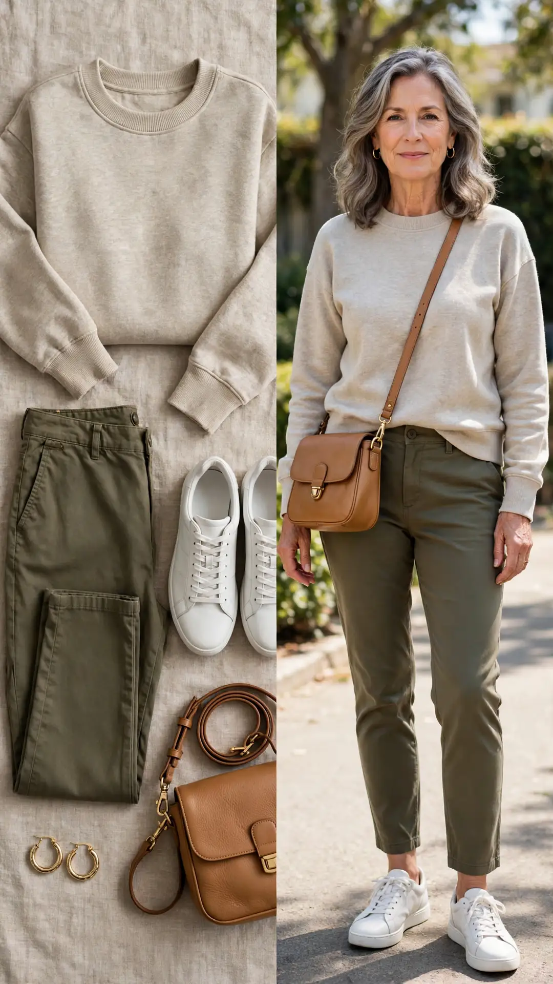 Split outfit idea: oatmeal sweatshirt, olive chinos, white sneakers and tan crossbody flat lay, and a mature woman wearing them