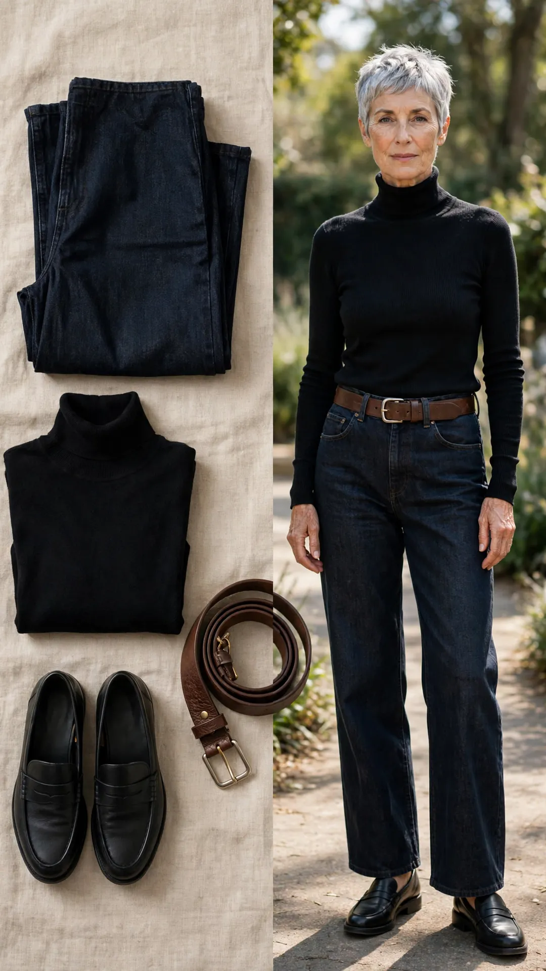 Split outfit idea: Wide-Leg Dark Jeans + Black Turtleneck flat lay, and a mature woman over 50 wearing it