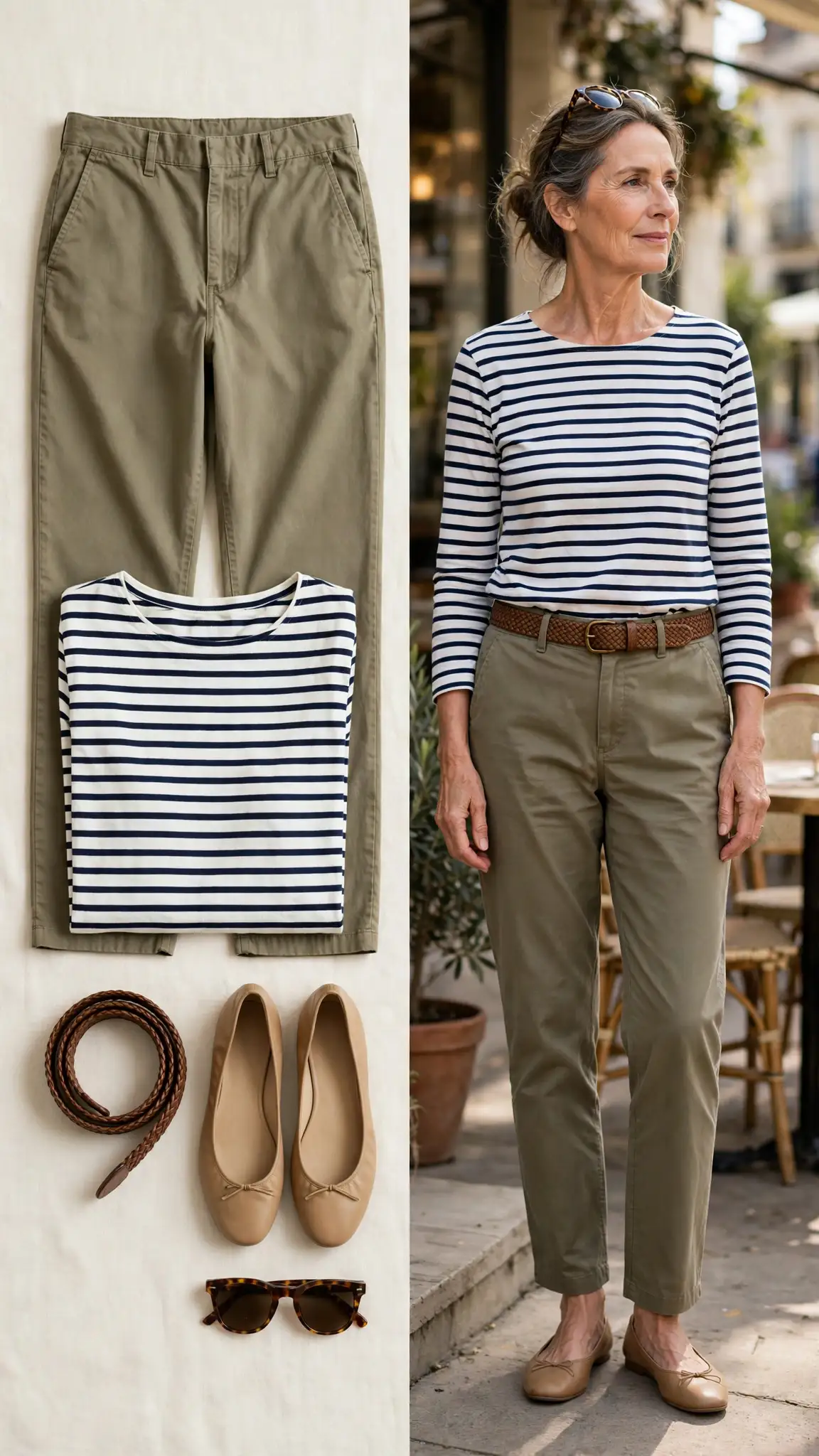 Split outfit idea: Relaxed Chinos with a Breton Stripe Top flat lay, and a mature woman over 50 wearing it