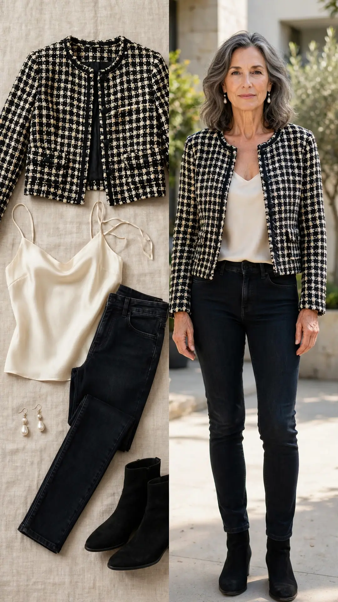 Split outfit idea: black and cream tweed cropped jacket, cream silk camisole, dark skinny jeans and black ankle boots flat lay, and a mature woman wearing them