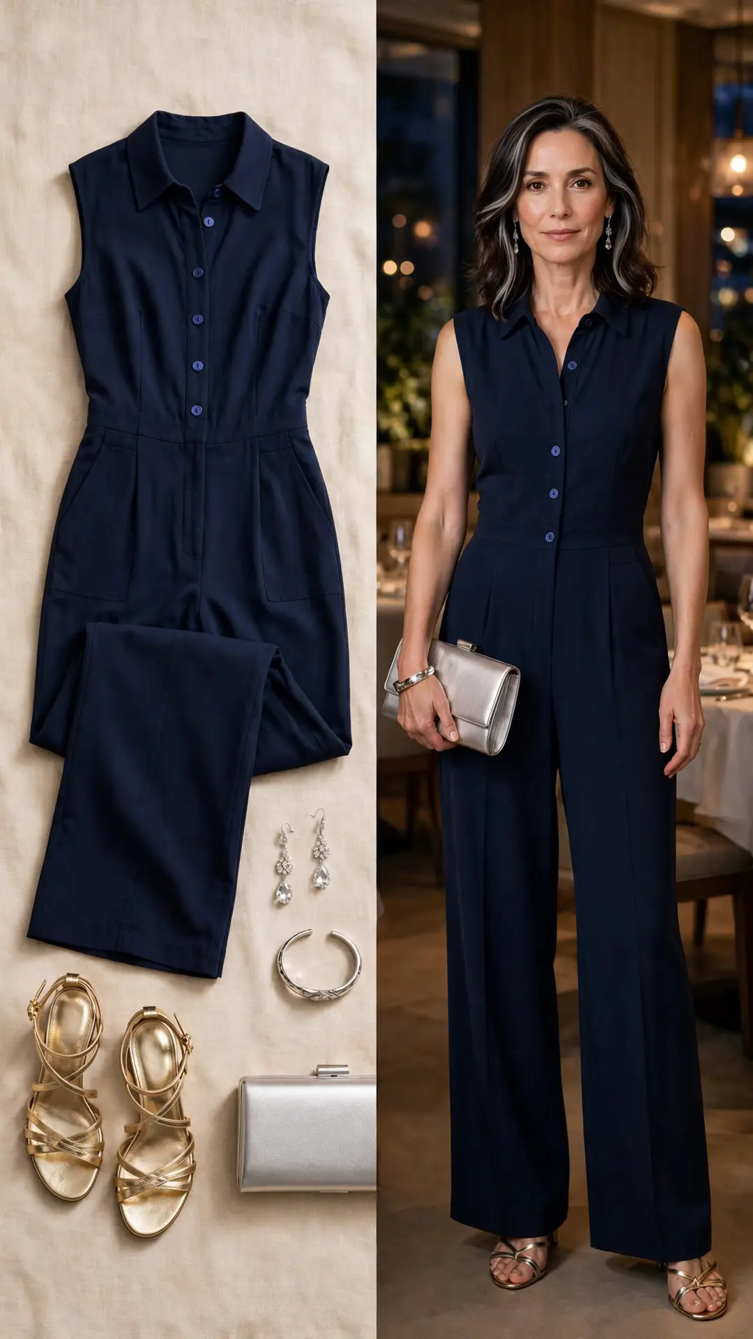 Split outfit idea: flat lay and a mature woman wearing a navy wide-leg jumpsuit with metallic gold strappy sandals, crystal drop earrings, a silver bangle bracelet, and a silver evening clutch in an upscale restaurant.
