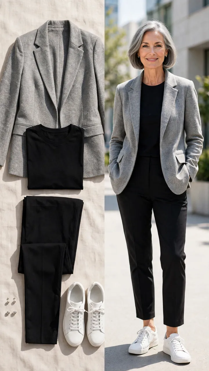 Split outfit idea: The Sneaker Blazer flat lay, and a mature woman over 50 wearing it