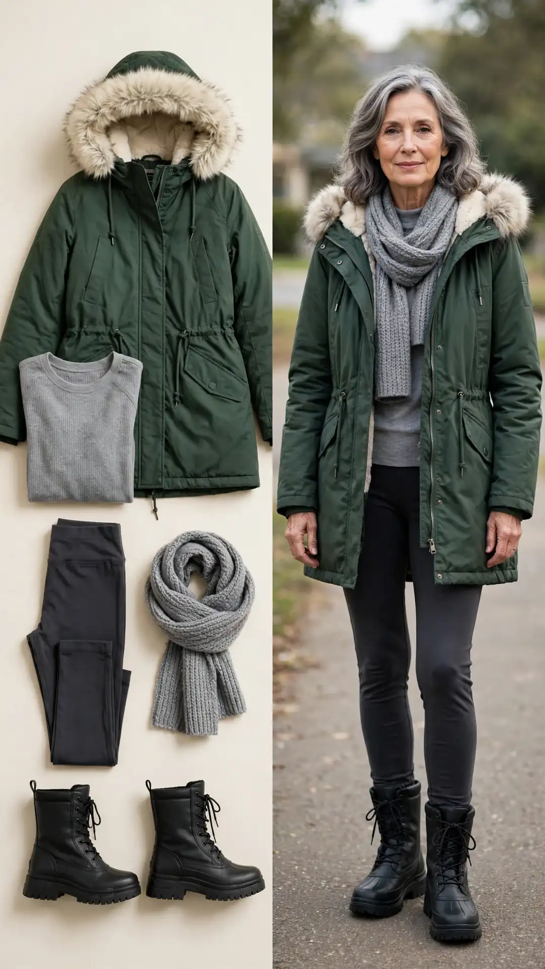 Split outfit idea: forest-green parka with faux-fur hood and grey thermal flat lay and a mature woman wearing them with charcoal leggings and black winter boots
