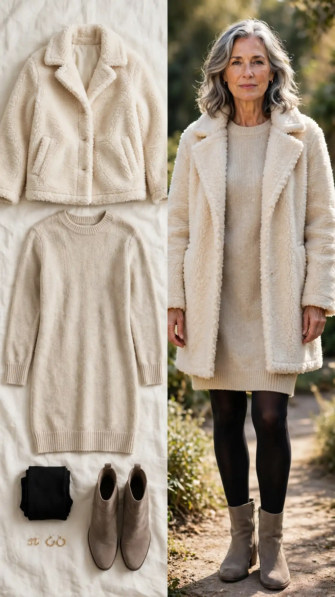 Cream teddy coat with oatmeal sweater dress, black tights and taupe suede ankle boots