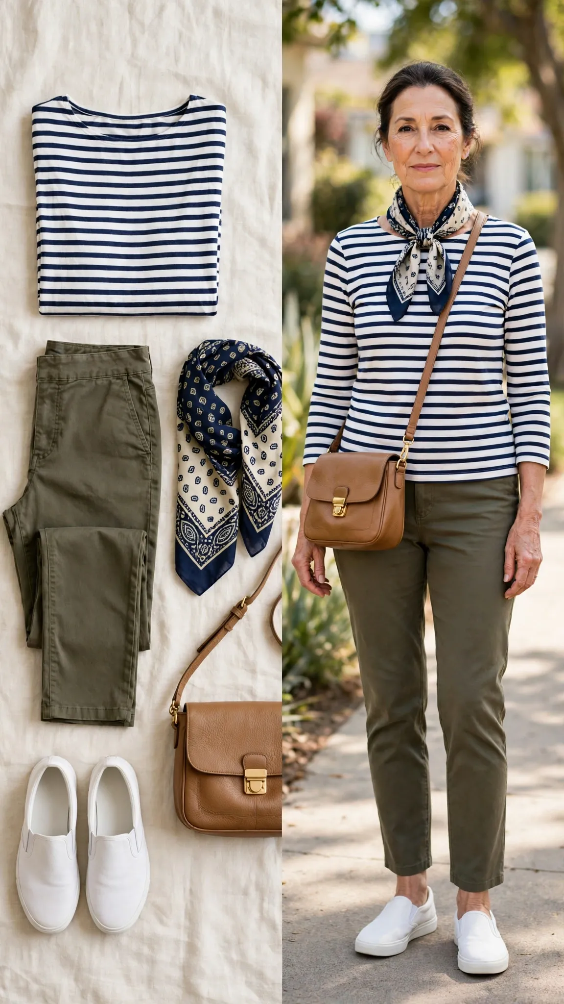 Split outfit idea: Stretch Twill Ankle Pants and a Breton Top flat lay, and a mature woman over 50 wearing it