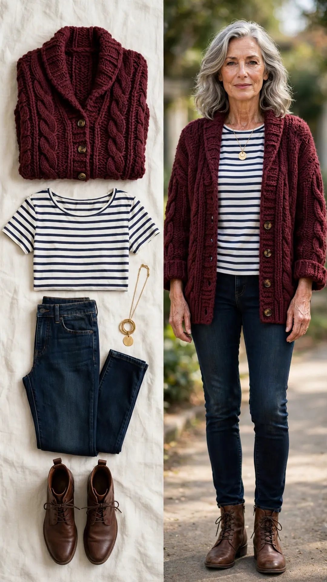 Split outfit idea: burgundy chunky knit cardigan, navy-white Breton stripe tee, dark skinny jeans and brown leather ankle boots, and a mature woman wearing it with a gold pendant necklace.