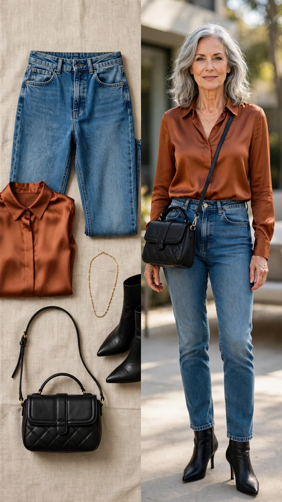Split outfit idea: high-waisted mom jeans, rust satin blouse, heeled booties and crossbody flat lay, and a mature woman wearing them with the blouse tucked in