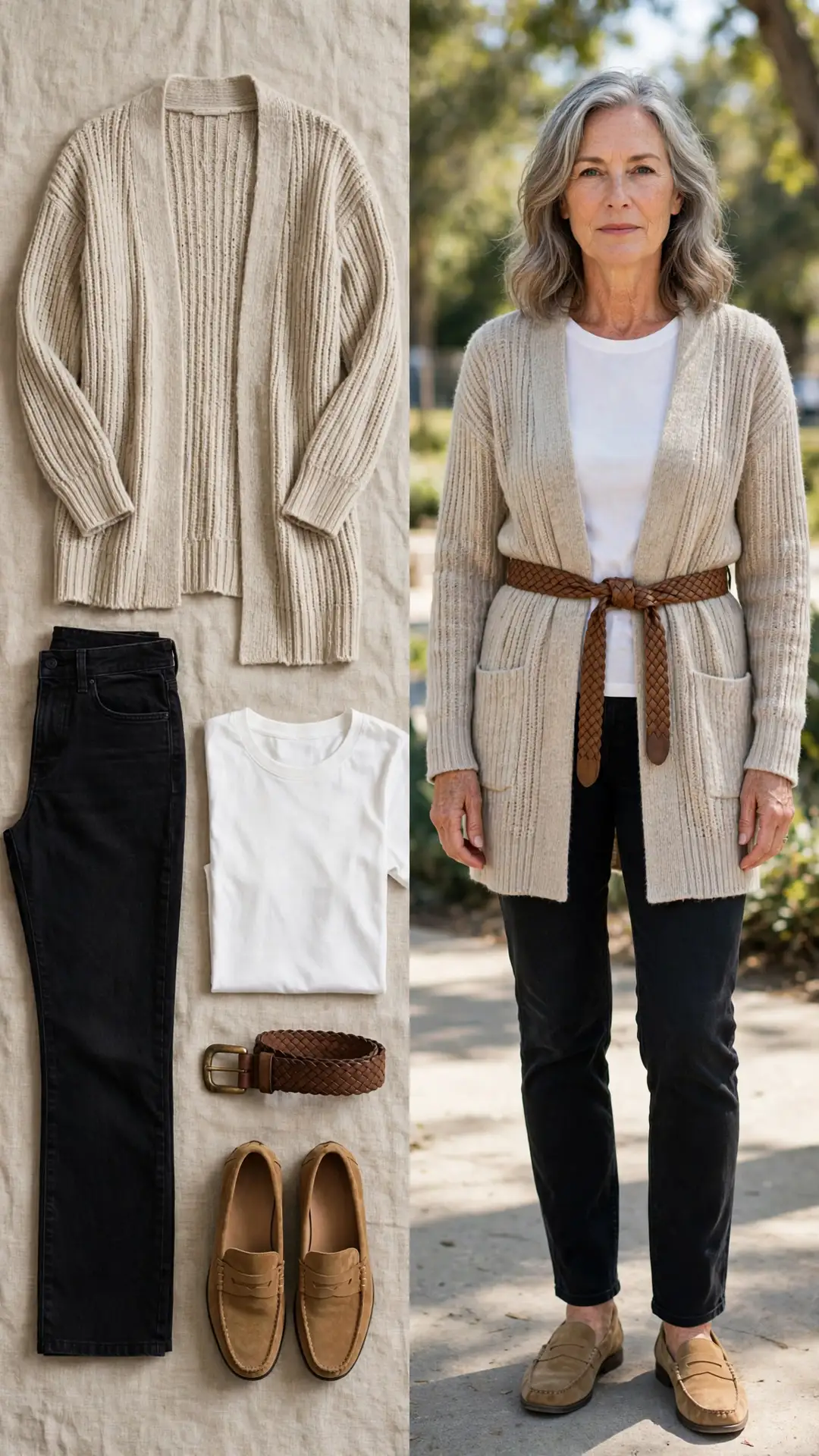 Split outfit idea: oatmeal long cardigan belted with a brown woven belt, black jeans, white tee and tan loafers flat lay, and a mature woman wearing them