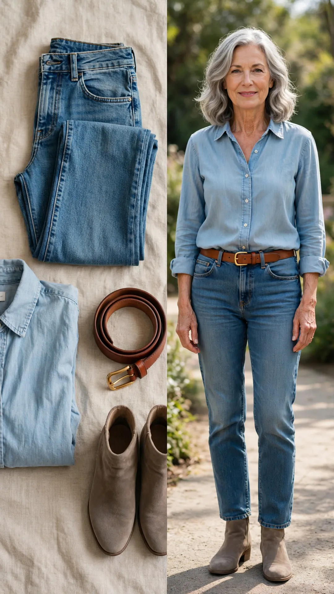 Split outfit idea: Denim-on-Denim Revival flat lay, and a mature woman over 50 wearing it