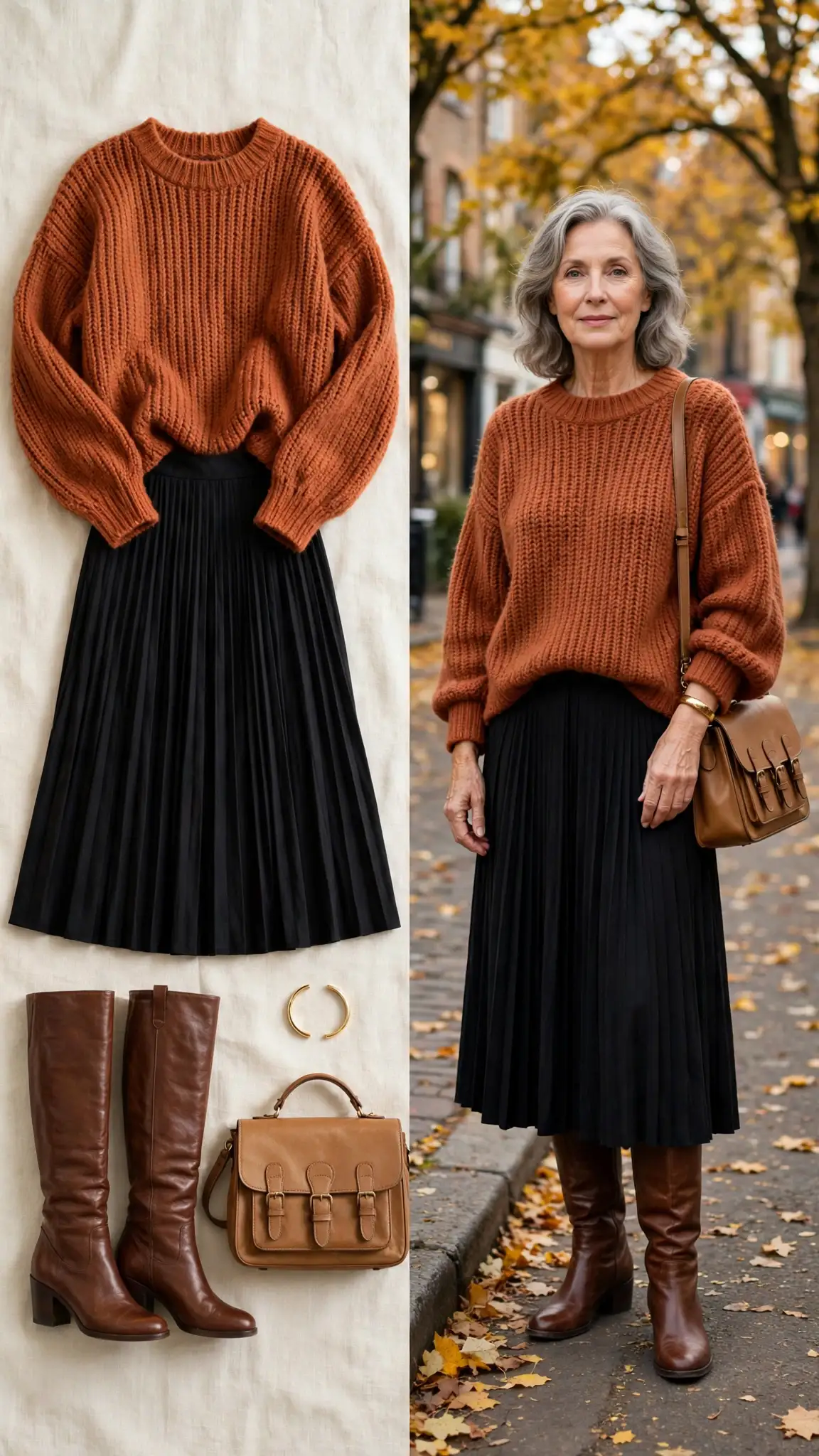 Split outfit idea: Oversized Sweater and a Pleated Midi Skirt flat lay, and a mature woman over 50 wearing it
