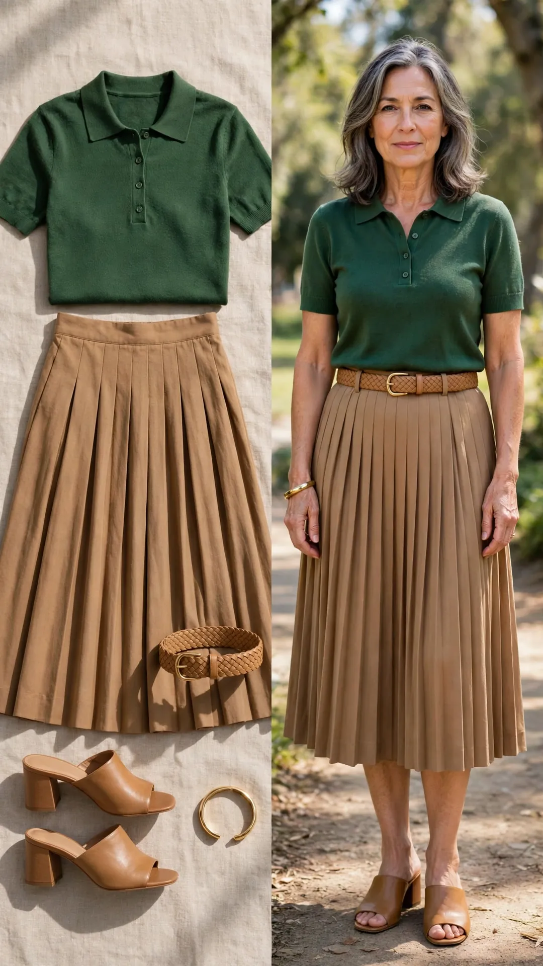 Split outfit idea: forest-green knit polo, camel pleated midi skirt, tan block-heel mules and tan woven belt flat lay, and a mature woman wearing them