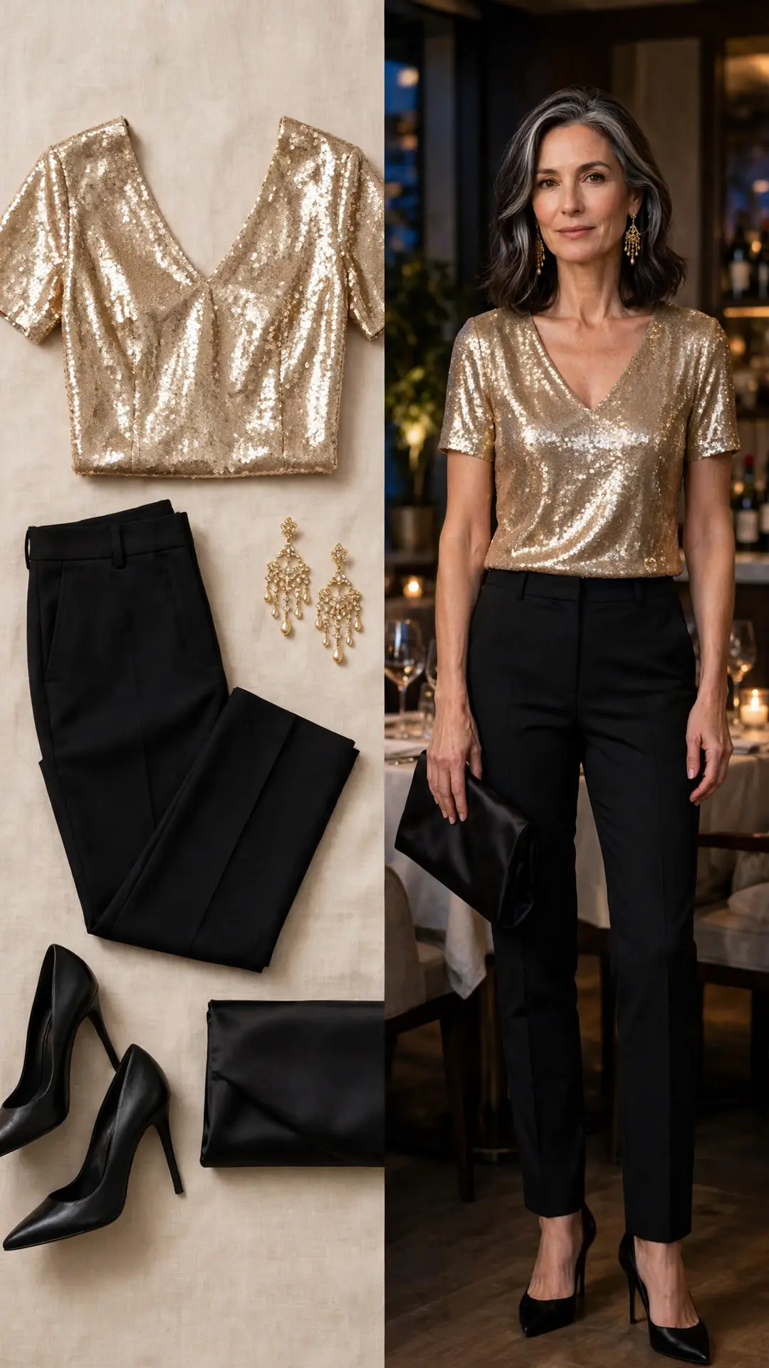 Split outfit idea: champagne sequin top, black trousers, stiletto heels and satin clutch flat lay, and a mature woman wearing the full outfit in a restaurant