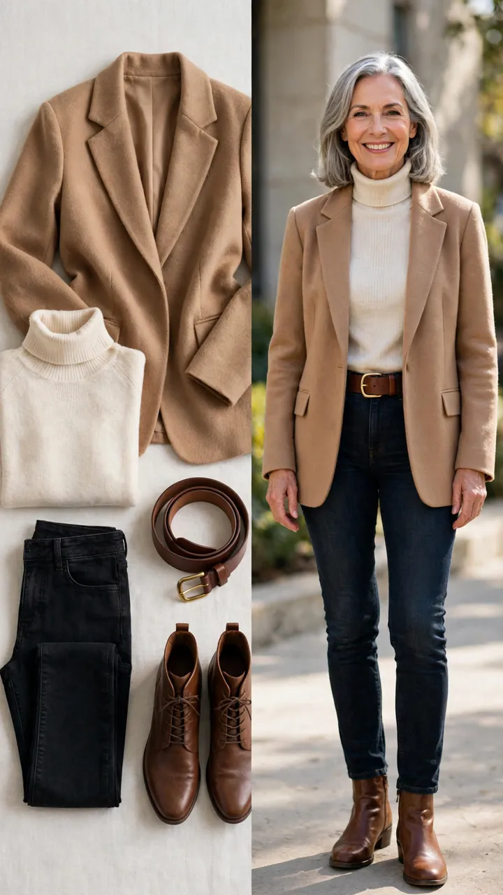 Split outfit idea: Weekend Wool flat lay, and a mature woman over 50 wearing it