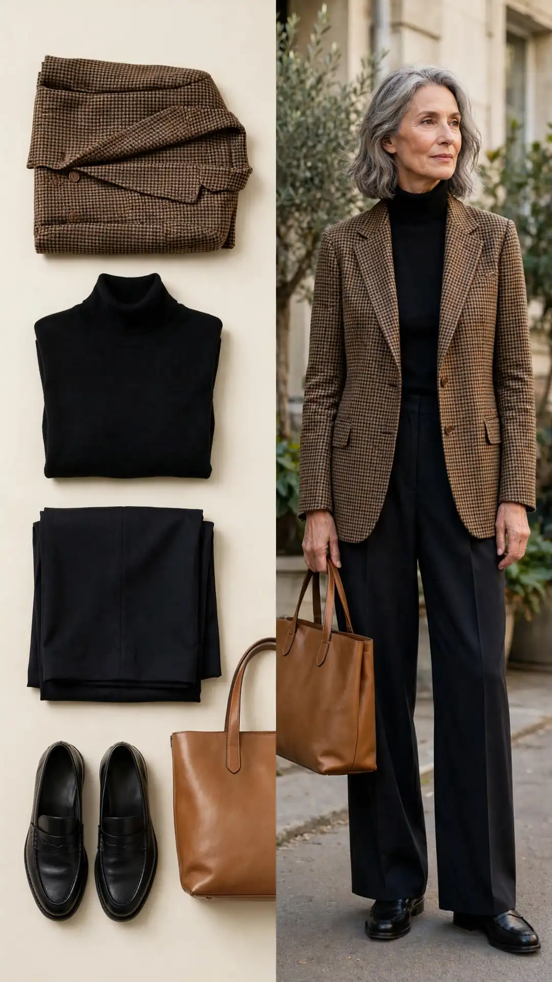 Split outfit idea: brown houndstooth blazer and black roll-neck flat lay and a mature woman wearing them with dark wide-leg trousers and black loafers