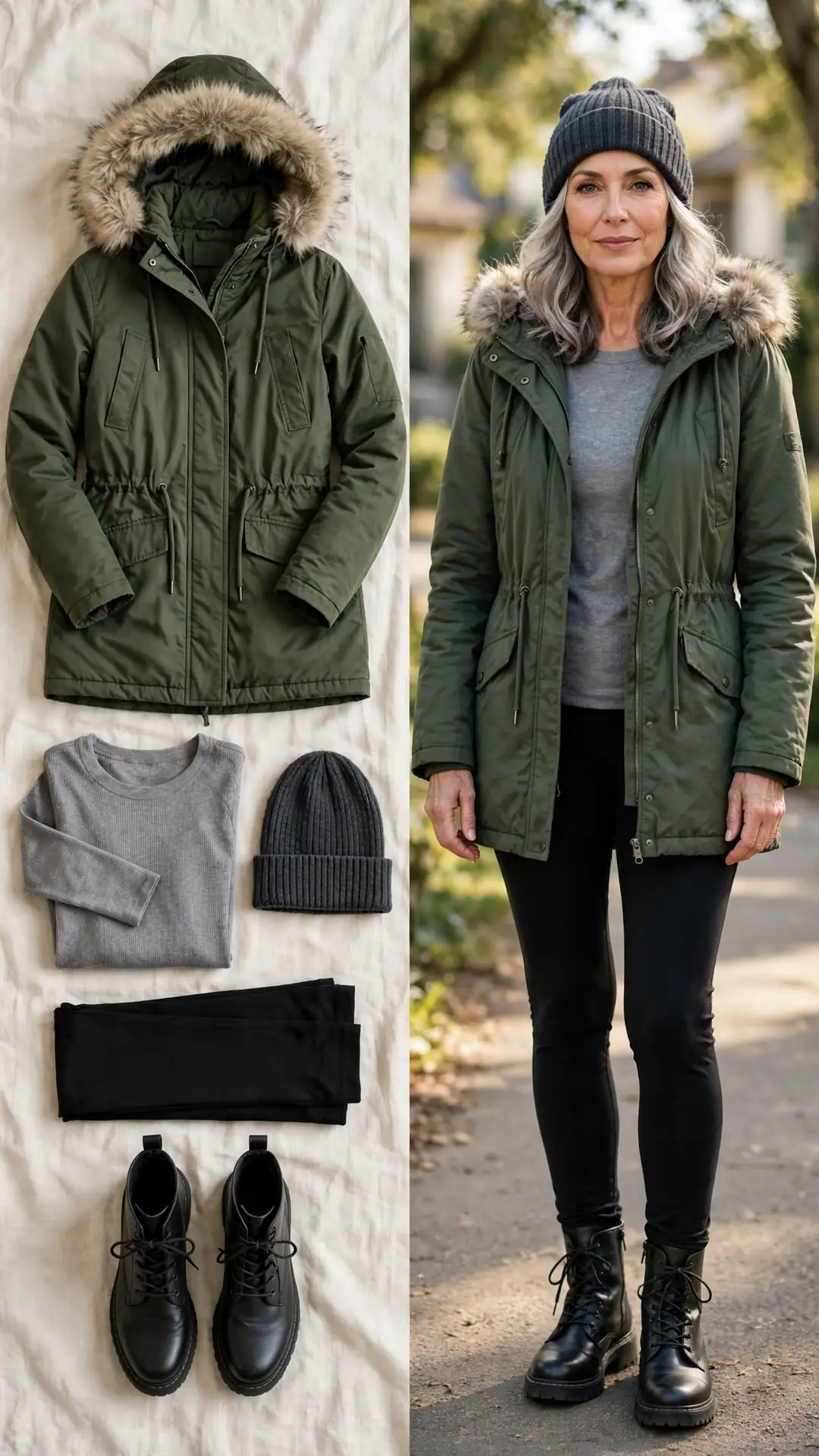 Forest-green parka with faux-fur hood, grey thermal top, black leggings and black lace-up boots
