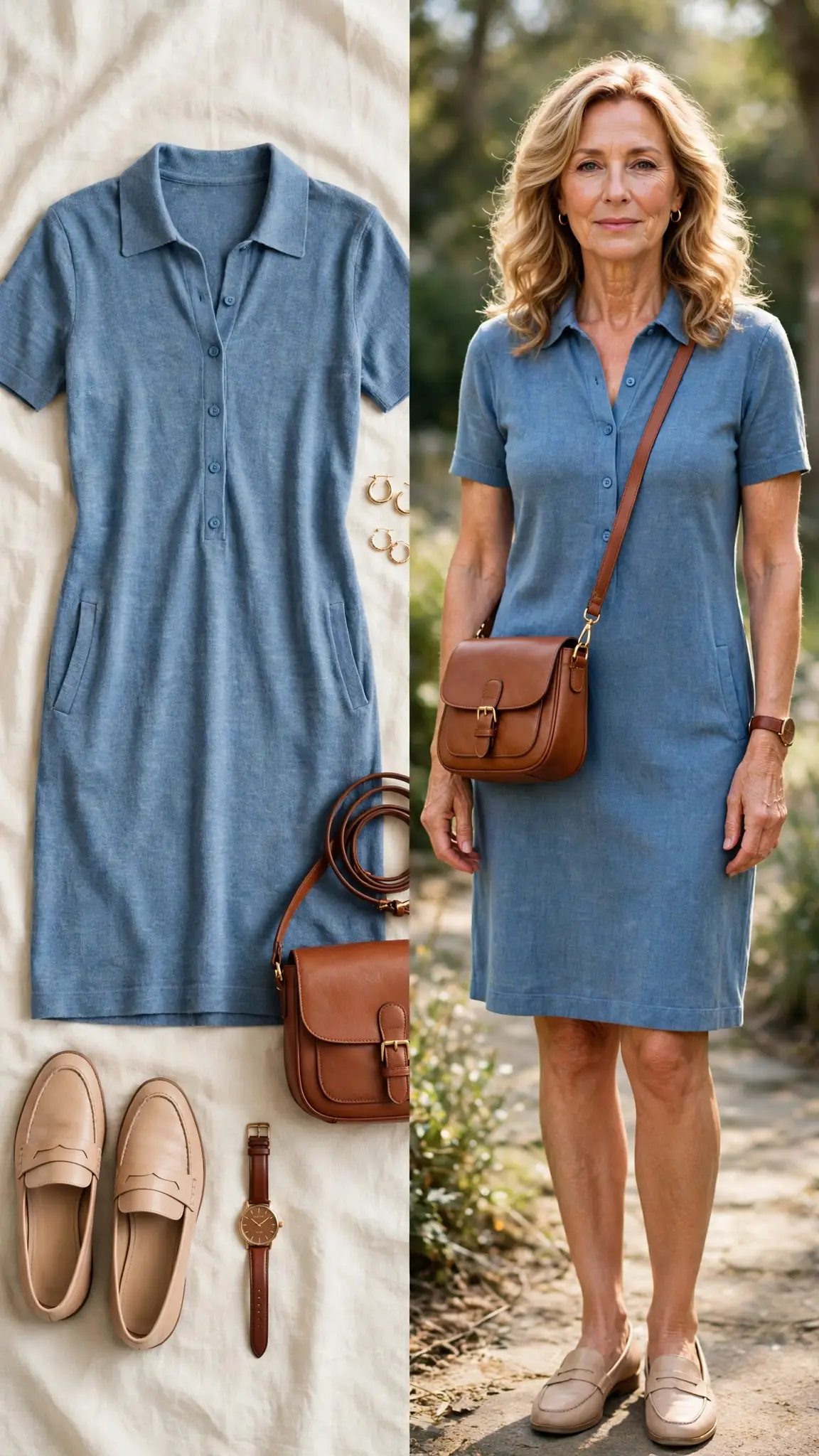 Split outfit idea: The Knit Shirt Dress flat lay, and a mature woman over 50 wearing it