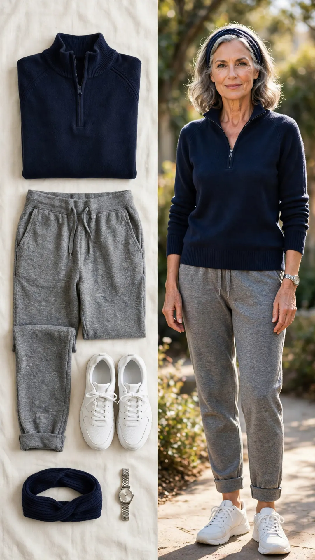 Split outfit idea: navy quarter-zip knit pullover, grey heather knit joggers, white sneakers and a navy knit headband, and a mature woman wearing it with a silver wristwatch.
