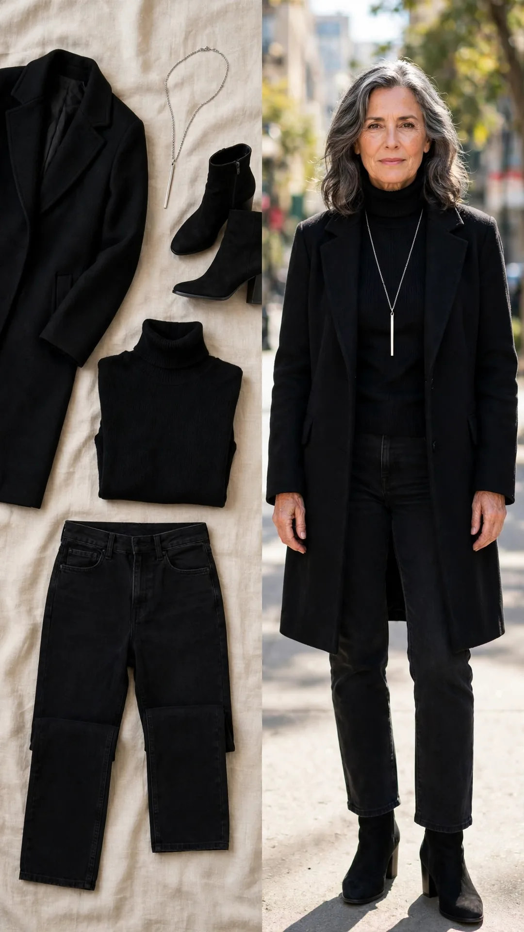 Split outfit idea: black jeans, black turtleneck, black wool coat and heeled boots flat lay, and a mature woman wearing the monochrome outfit