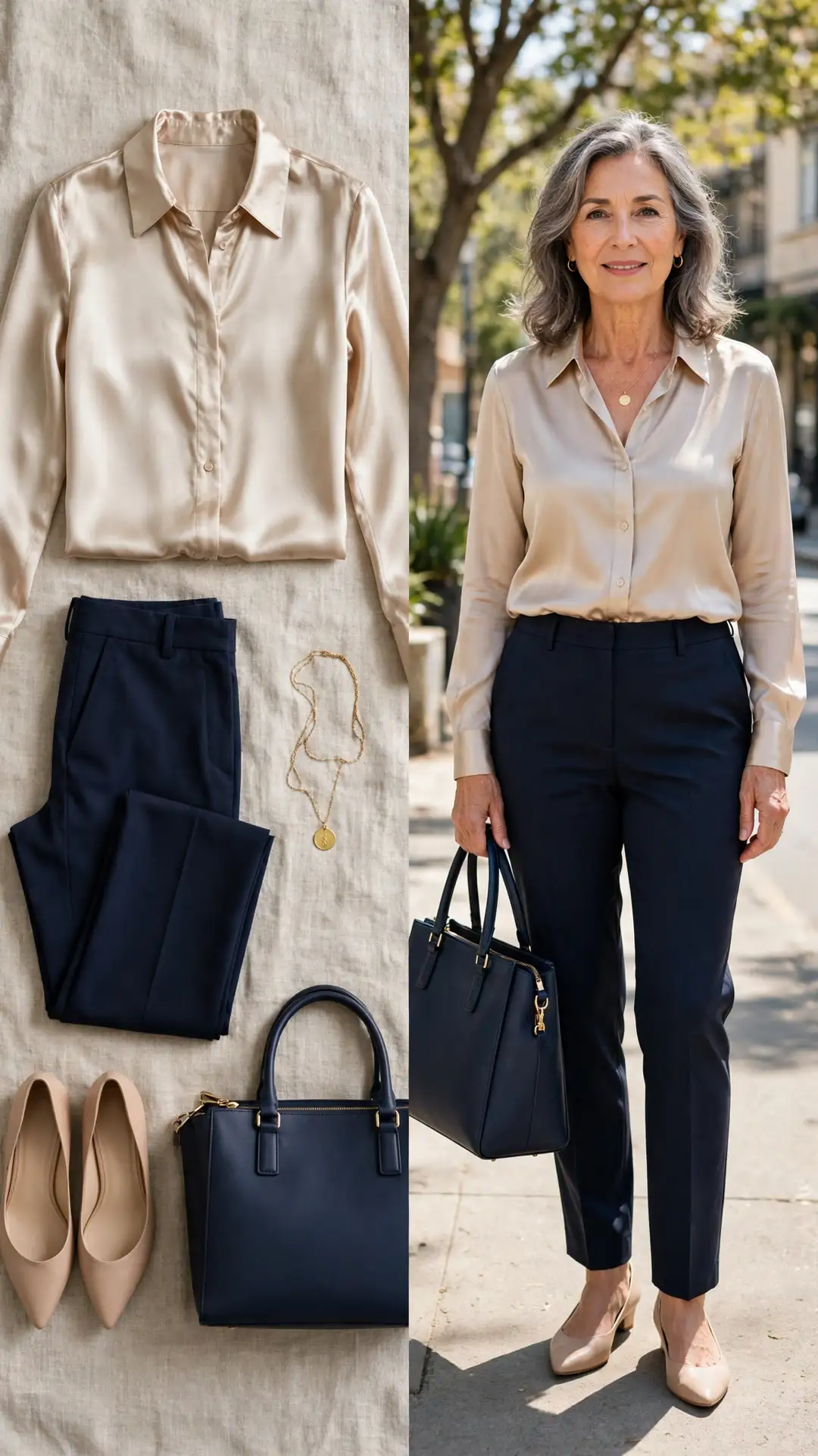 Split outfit idea: champagne satin blouse, navy trousers, nude flats and navy tote flat lay, and a mature woman wearing them