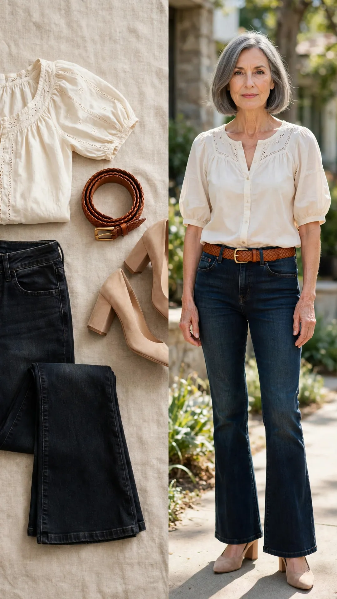 Split outfit idea: Dark Flares + Cream Peasant Blouse flat lay, and a mature woman over 50 wearing it