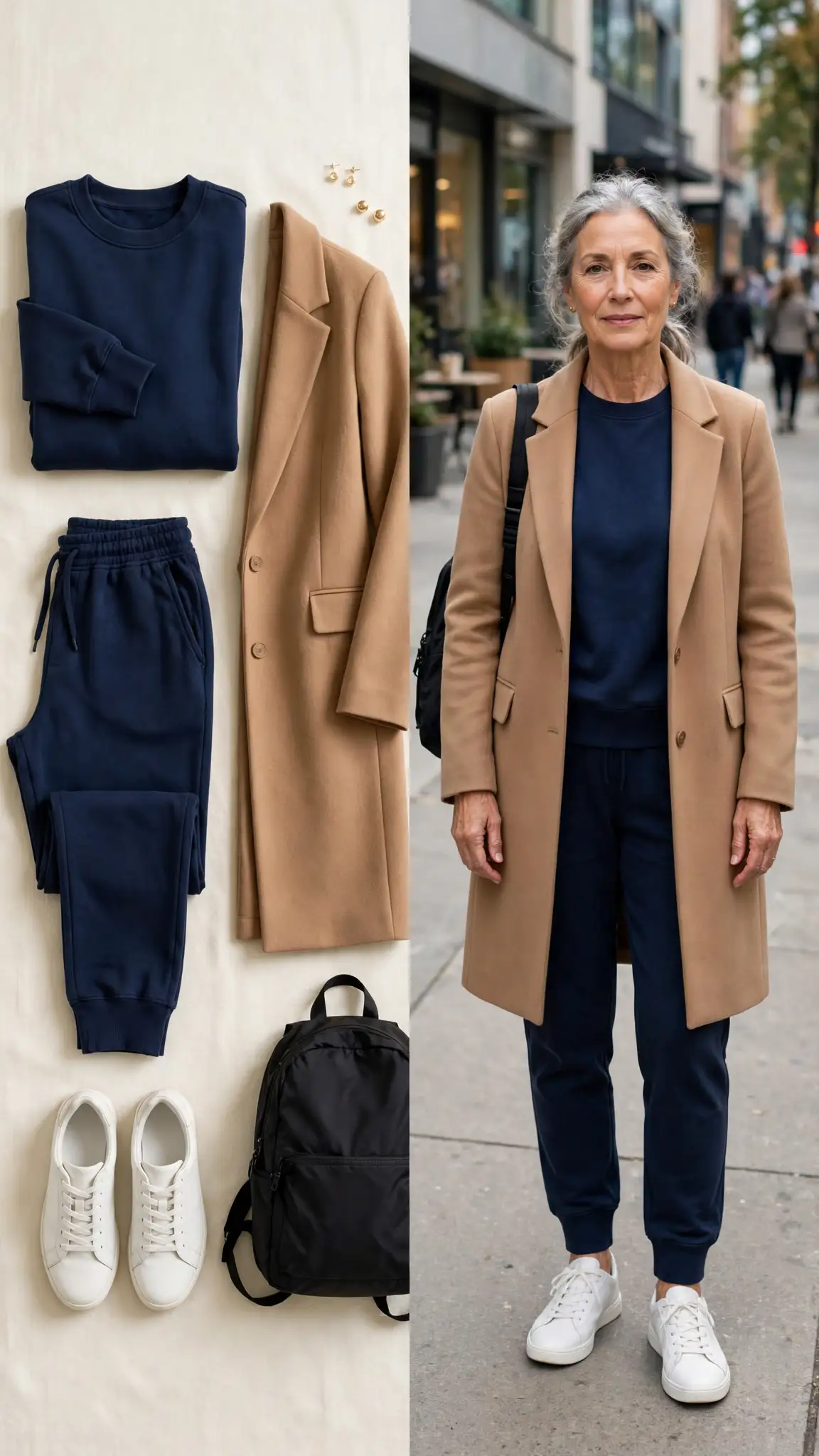 Split outfit idea: Athleisure Set with a Longline Blazer flat lay, and a mature woman over 50 wearing it