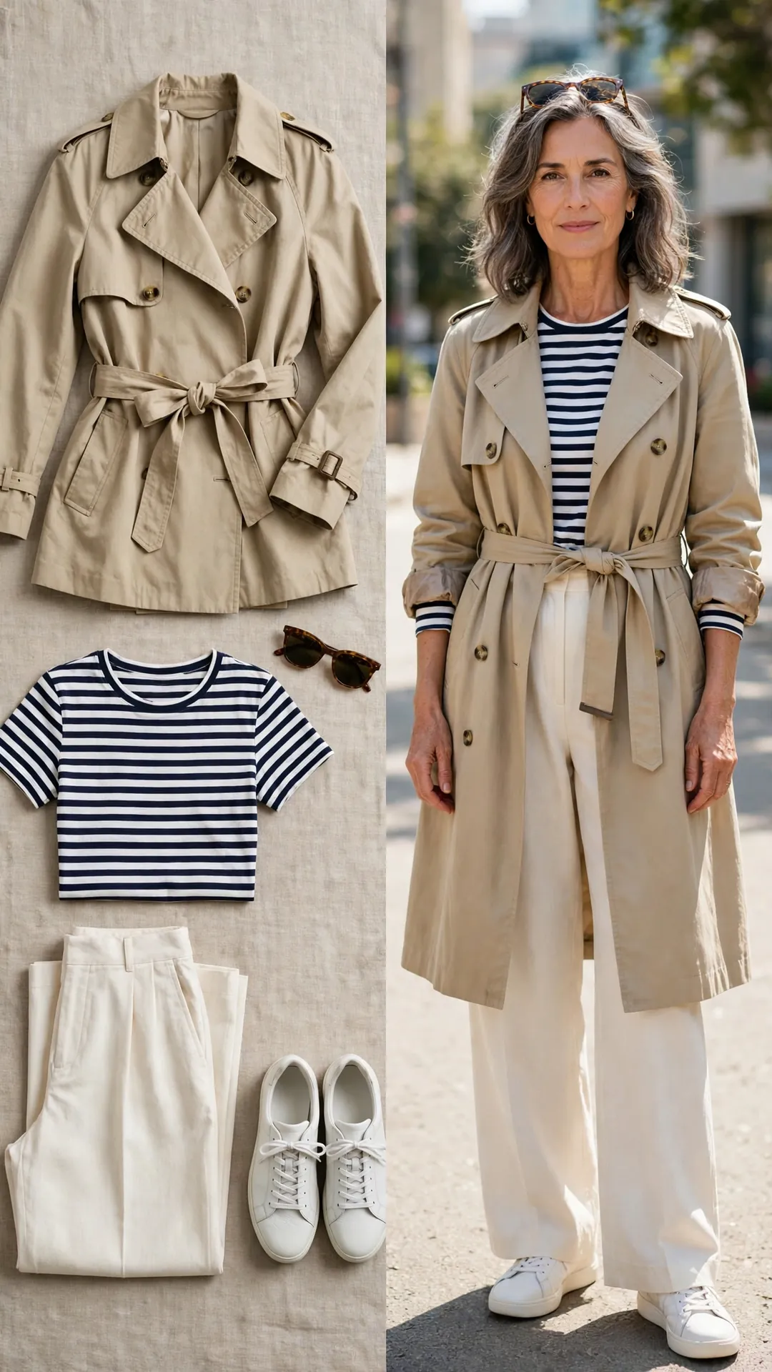 Split outfit idea: beige belted trench coat, navy and white striped tee, cream wide-leg trousers and white sneakers flat lay, and a mature woman wearing them