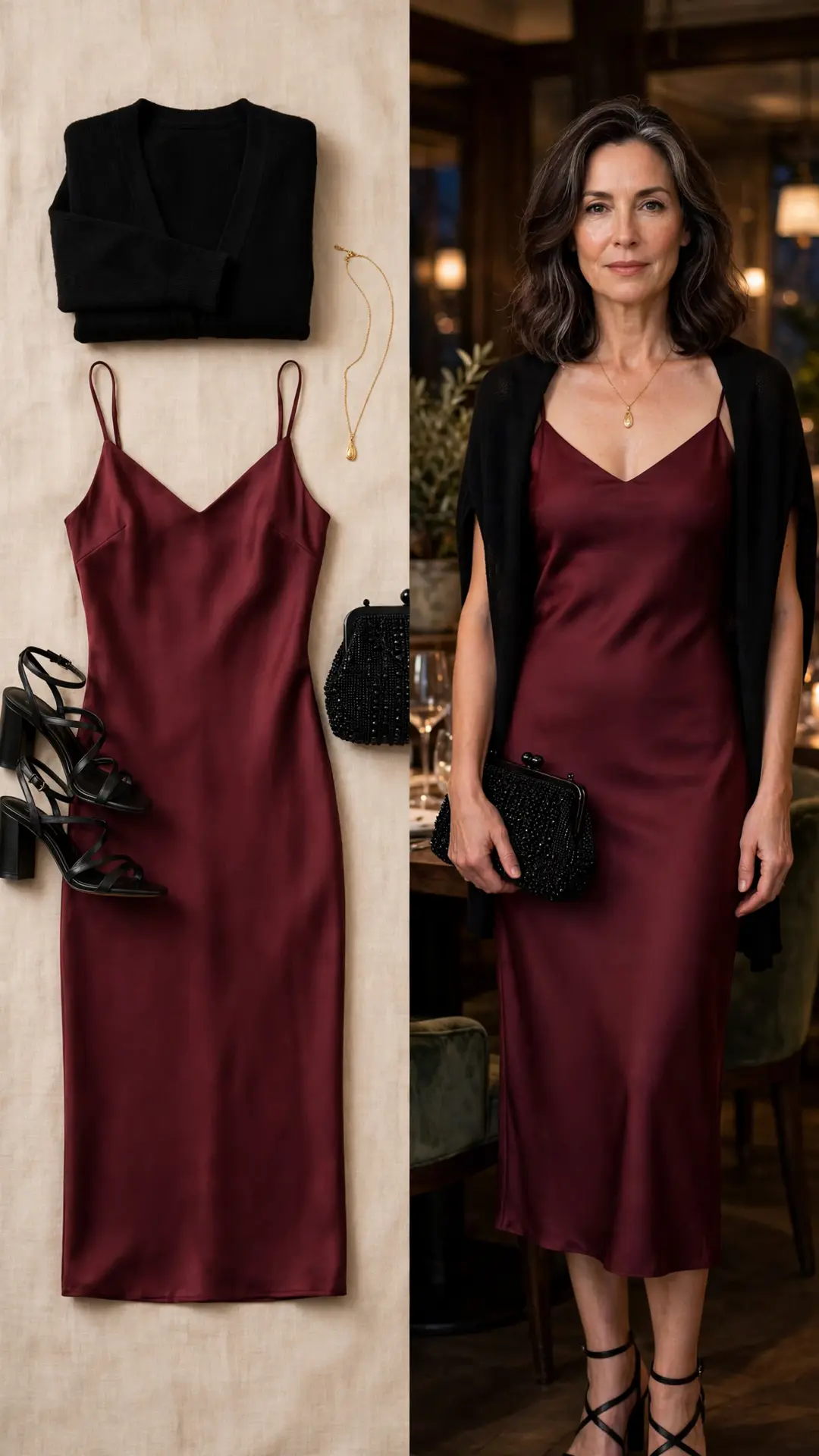 Split outfit idea: wine burgundy slip midi dress, black cardigan, strappy block heels and beaded clutch flat lay, and a mature woman wearing the full outfit in a restaurant