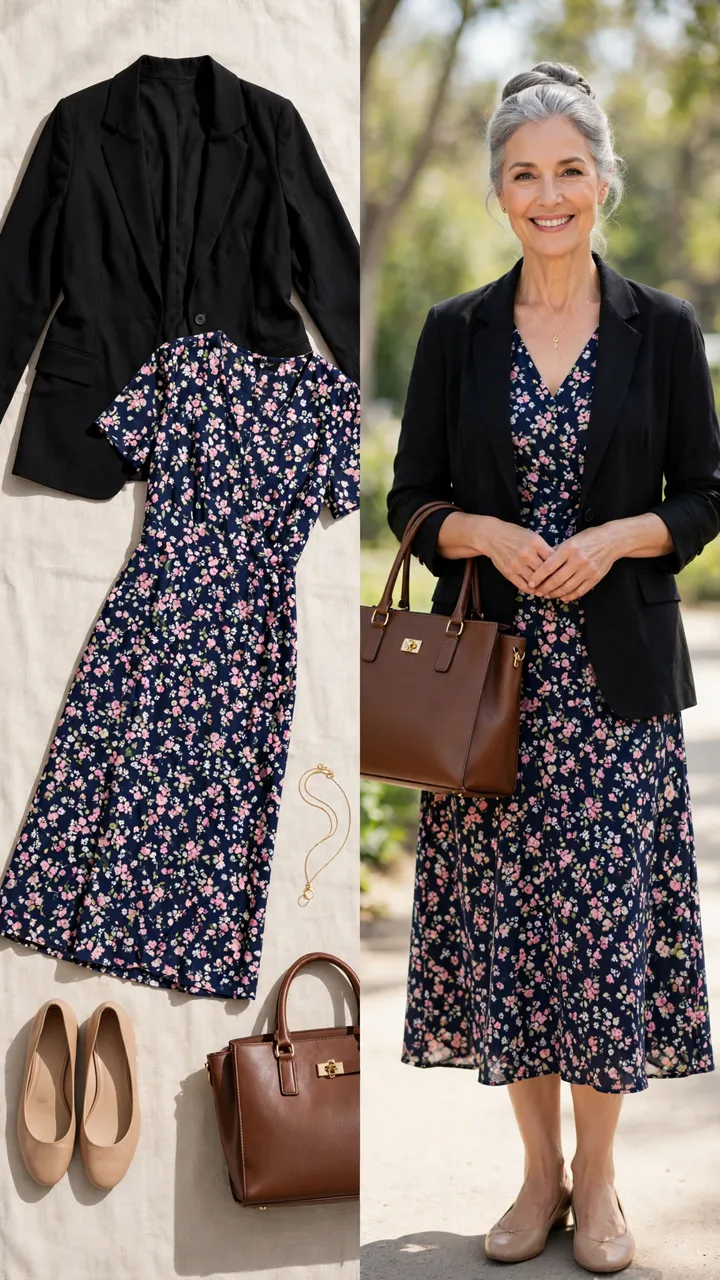 Split outfit idea: The Midi Match flat lay, and a mature woman over 50 wearing it