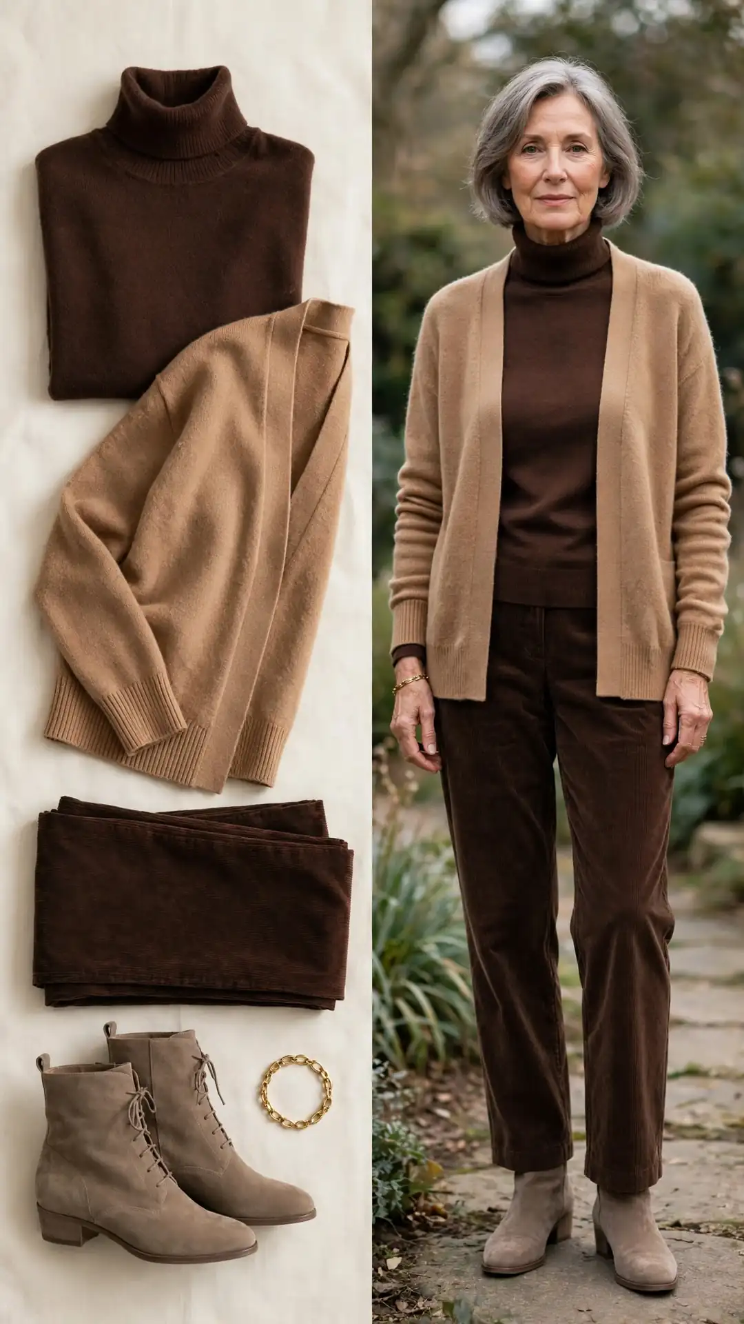 Split outfit idea: chocolate turtleneck and camel cardigan flat lay and a mature woman wearing them with chocolate corduroy trousers and taupe ankle boots