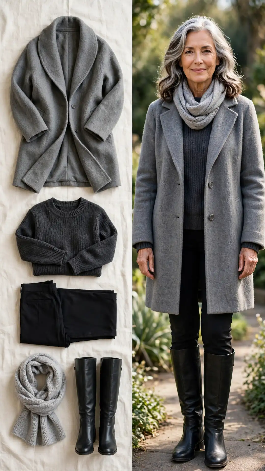 Grey wool cocoon coat with charcoal sweater, black ponte pants and black knee-high boots