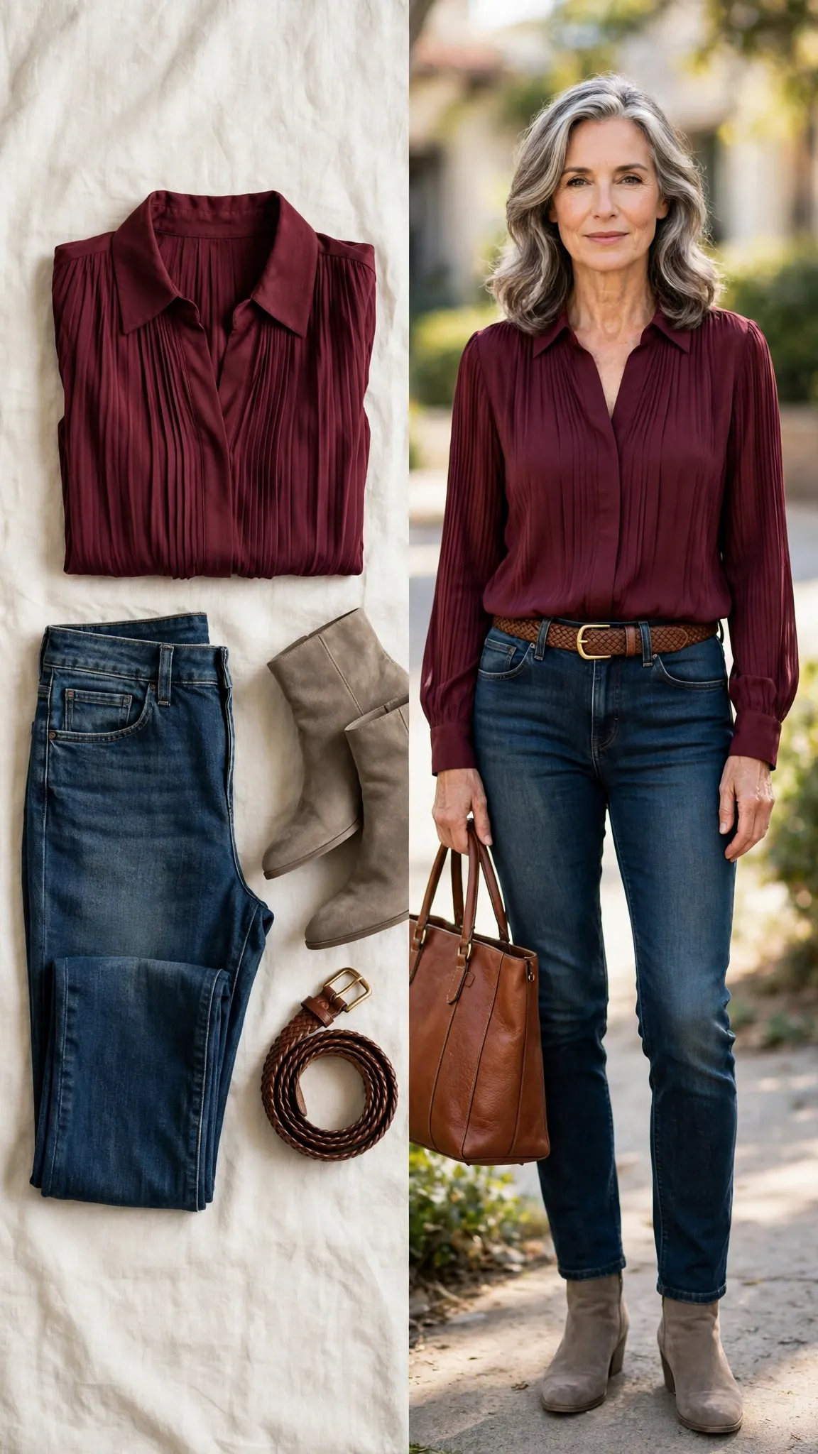 Split outfit idea: Plisse Blouse and Pull-On Jeans flat lay, and a mature woman over 50 wearing it