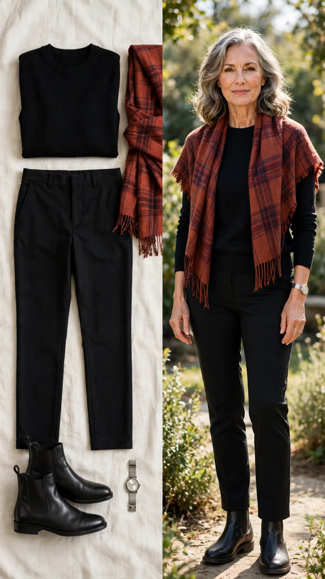 Split outfit idea: black crewneck sweater, black straight trousers, rust-red plaid blanket scarf and black Chelsea boots, and a mature woman wearing it with a silver wristwatch.