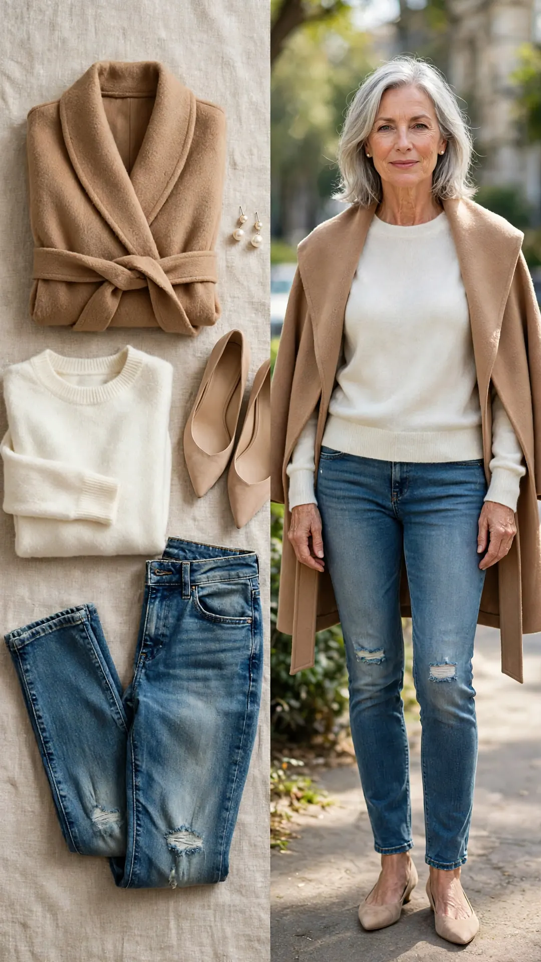 Split outfit idea: subtly distressed jeans, ivory cashmere sweater, camel wrap coat and nude flats flat lay, and a mature woman wearing them