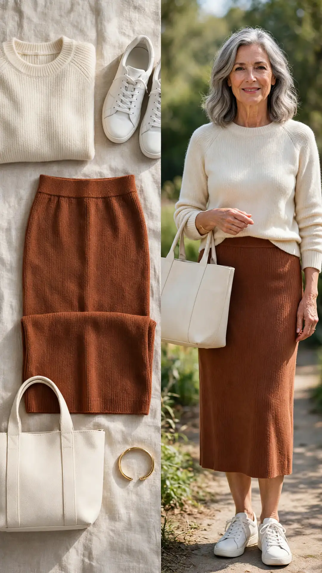Split outfit idea: rust knit midi skirt, cream sweater, white sneakers and cream tote flat lay, and a mature woman wearing them