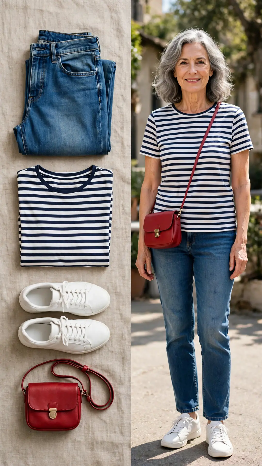 Split outfit idea: Classic Straight + Breton Tee flat lay, and a mature woman over 50 wearing it