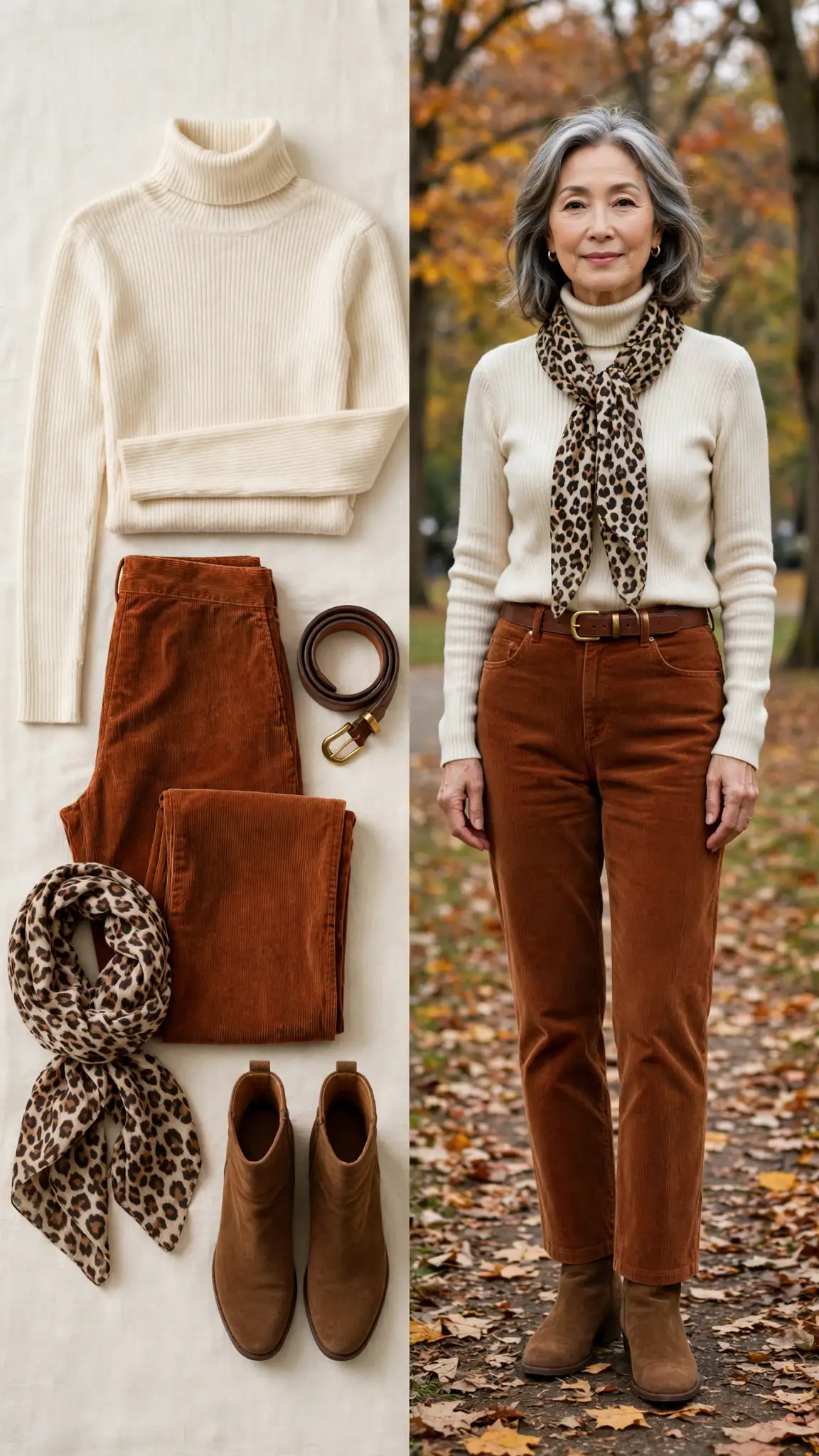 Split outfit idea: Corduroy Pants and a Roll-Neck Turtleneck flat lay, and a mature woman over 50 wearing it
