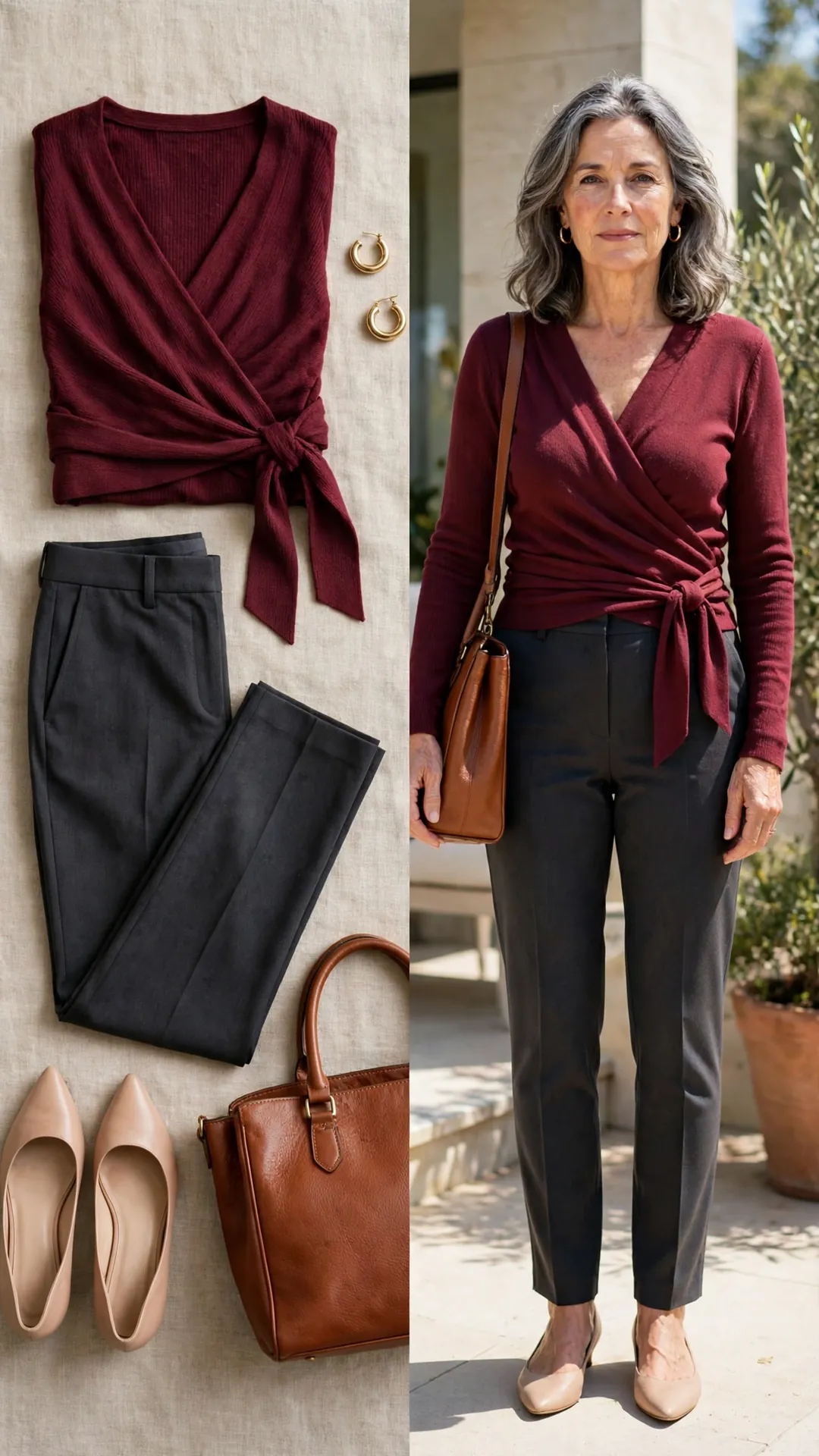 Split outfit idea: burgundy faux-wrap knit top, charcoal tailored trousers, nude flats and cognac tote flat lay, and a mature woman wearing them
