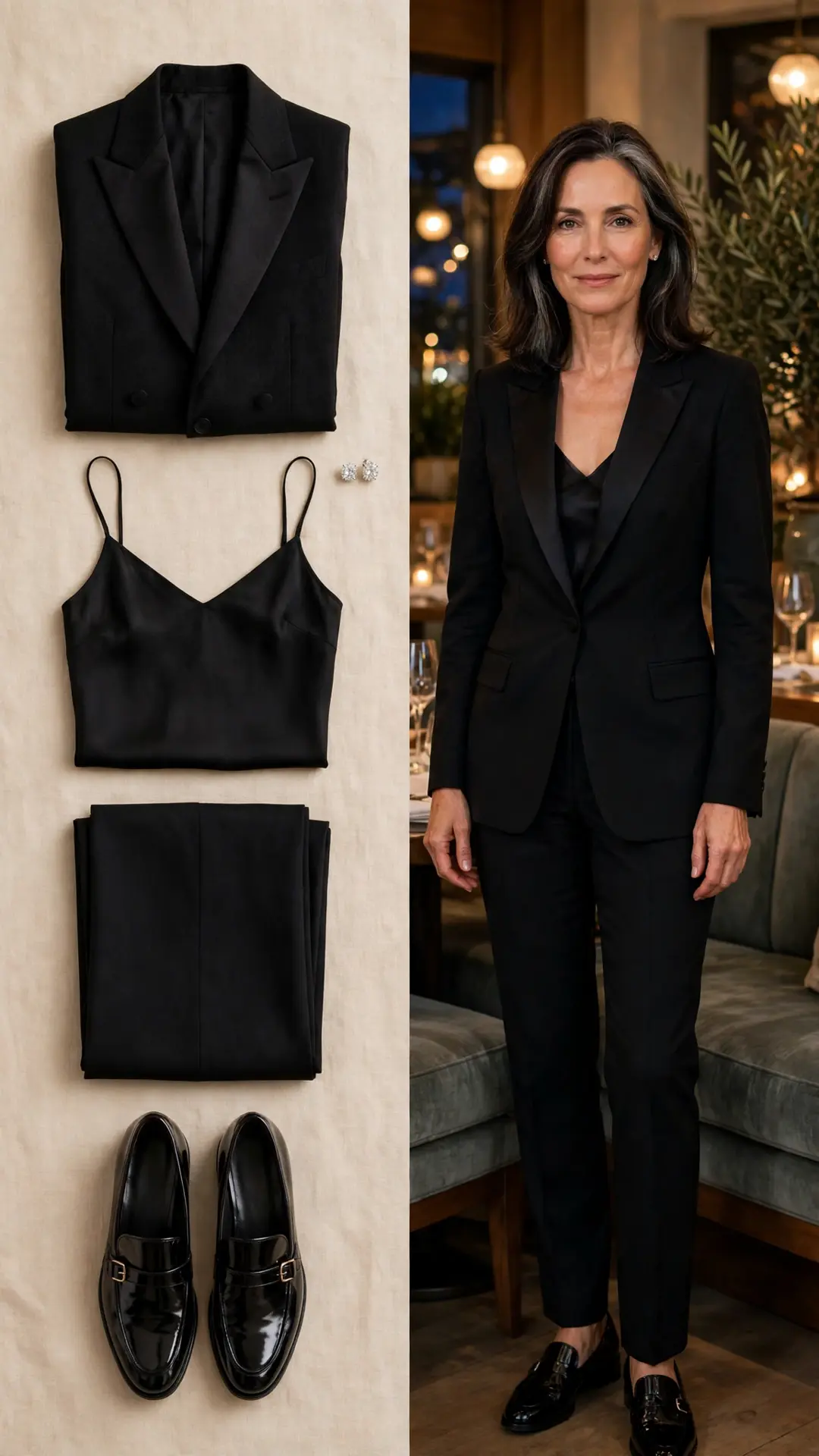 Split outfit idea: black tuxedo blazer, silk camisole, cigarette trousers and patent loafers flat lay, and a mature woman wearing the full outfit in a restaurant
