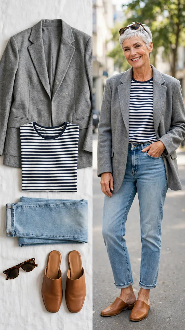 Split outfit idea: The Boyfriend Blend flat lay, and a mature woman over 50 wearing it