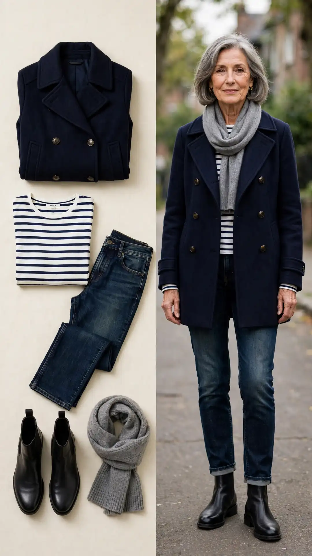 Split outfit idea: navy wool peacoat and Breton stripe top flat lay and a mature woman wearing them with dark jeans and black Chelsea boots