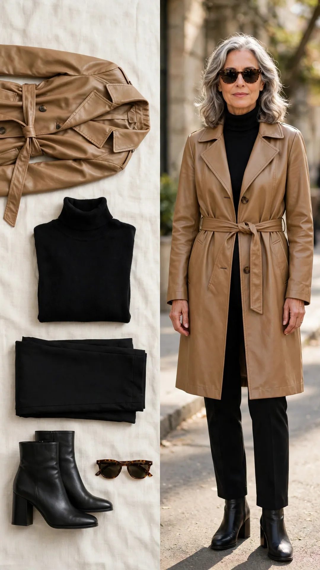 Tan faux-leather trench with black turtleneck, black trousers and black block-heel ankle boots