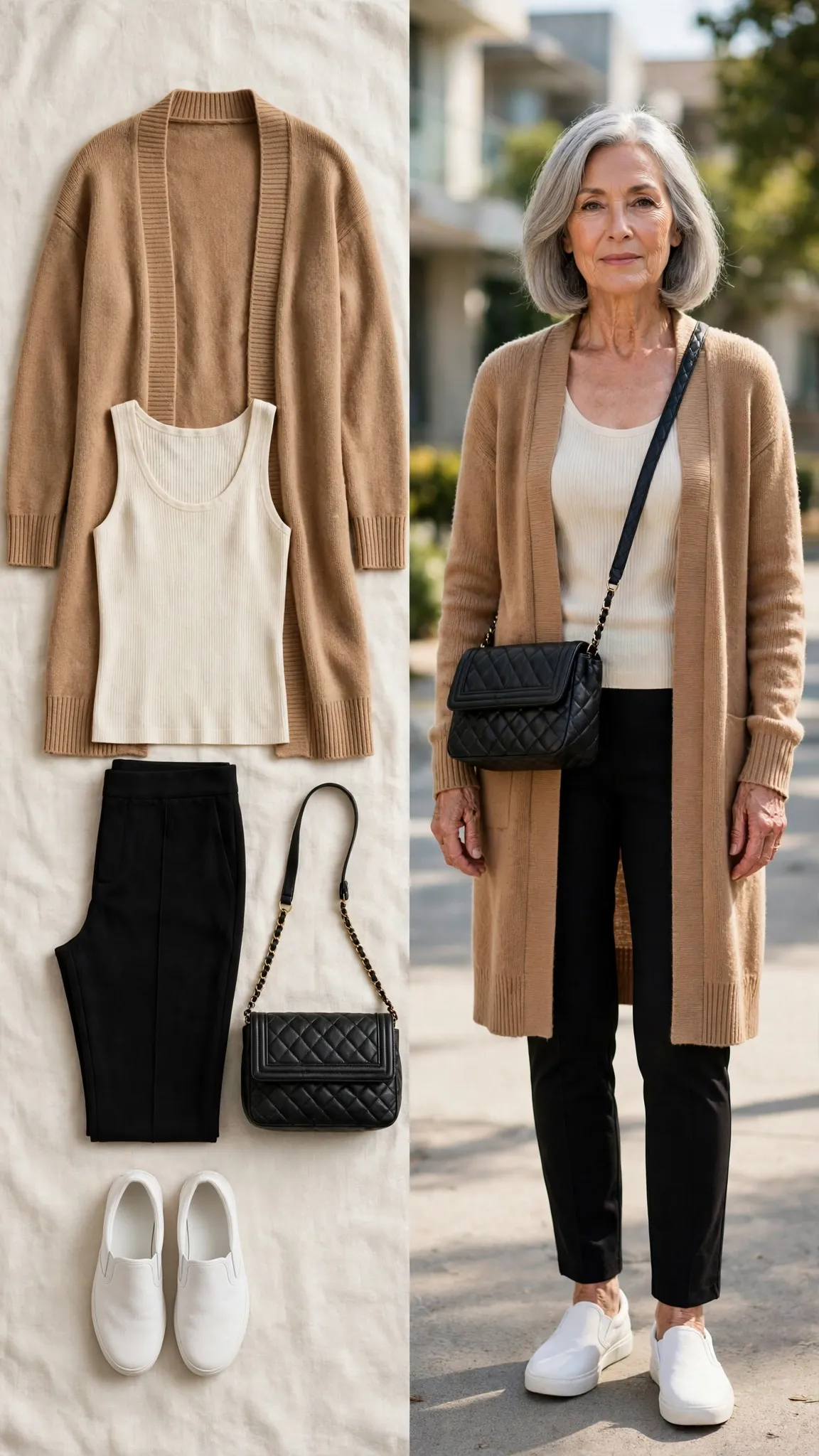 Split outfit idea: Travel Cardigan, Knit Tank, and Ponte Pants flat lay, and a mature woman over 50 wearing it