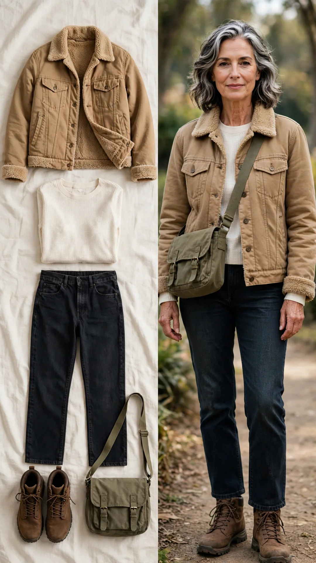 Split outfit idea: tan sherpa-lined trucker jacket, cream waffle-knit thermal, dark straight-leg jeans and brown hiking boots, and a mature woman wearing it with an olive canvas crossbody.