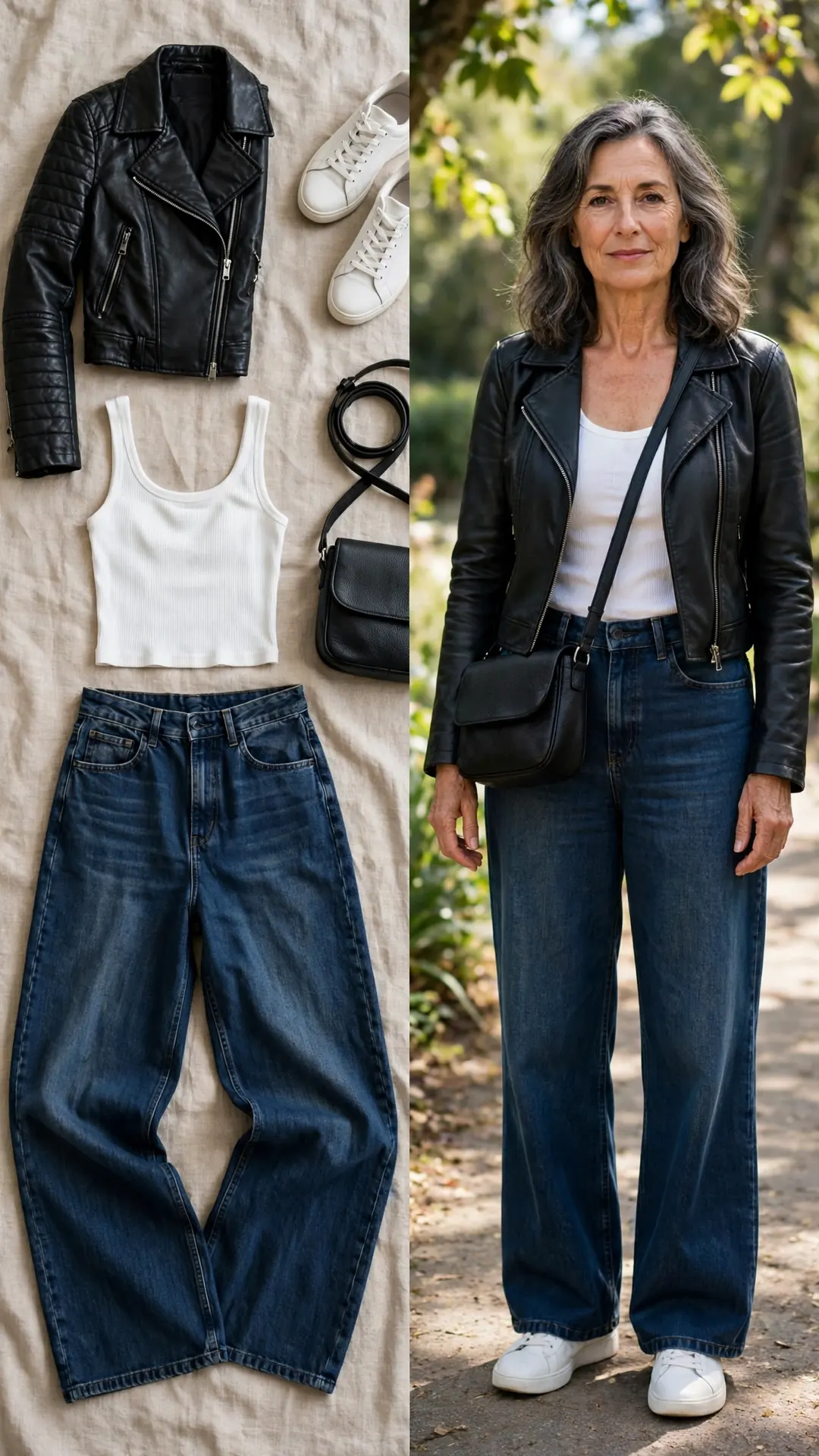 Split outfit idea: dark wide-leg jeans, white tank, cropped moto jacket and white sneakers flat lay, and a mature woman wearing them