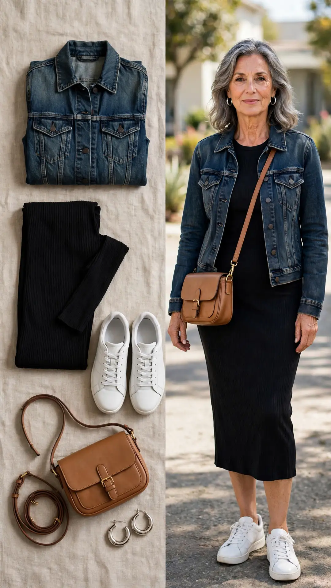 Split outfit idea: dark denim trucker jacket, black ribbed knit midi dress, white sneakers and tan crossbody flat lay, and a mature woman wearing them