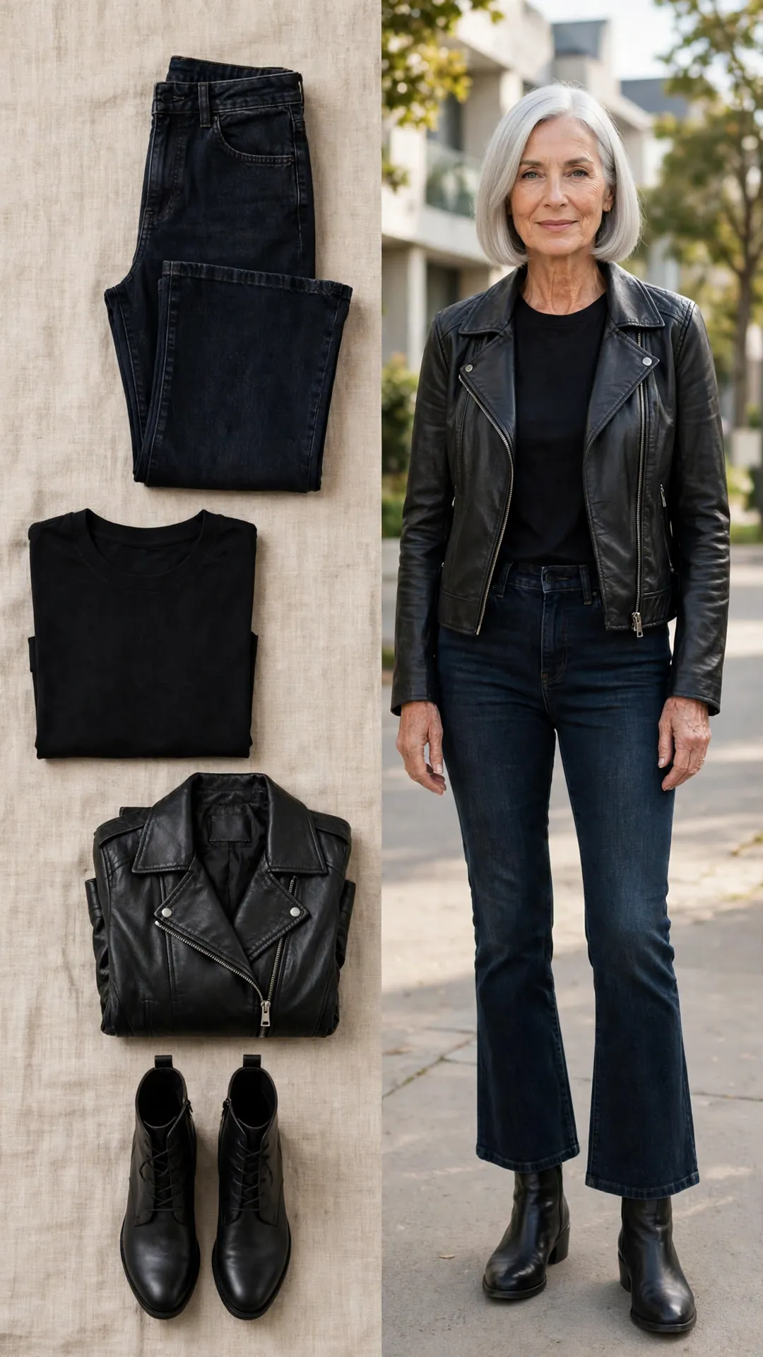 Split outfit idea: Cropped Flares + Black Moto Jacket flat lay, and a mature woman over 50 wearing it